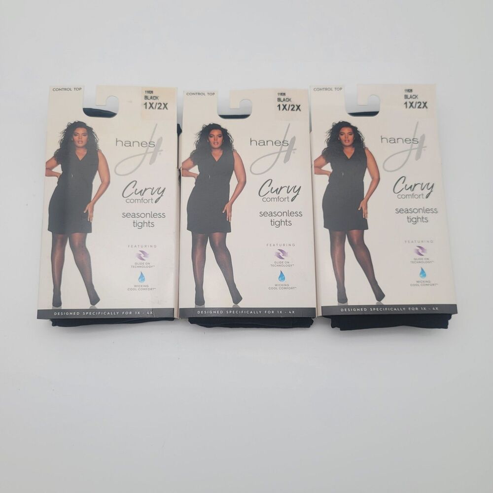 3 Pack Of Hanes Curves Curvy Comfort Seasonless Tights Control Top Black 1X/2X